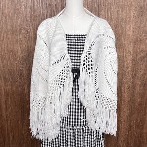 White Hand Knit Fringe Shawl